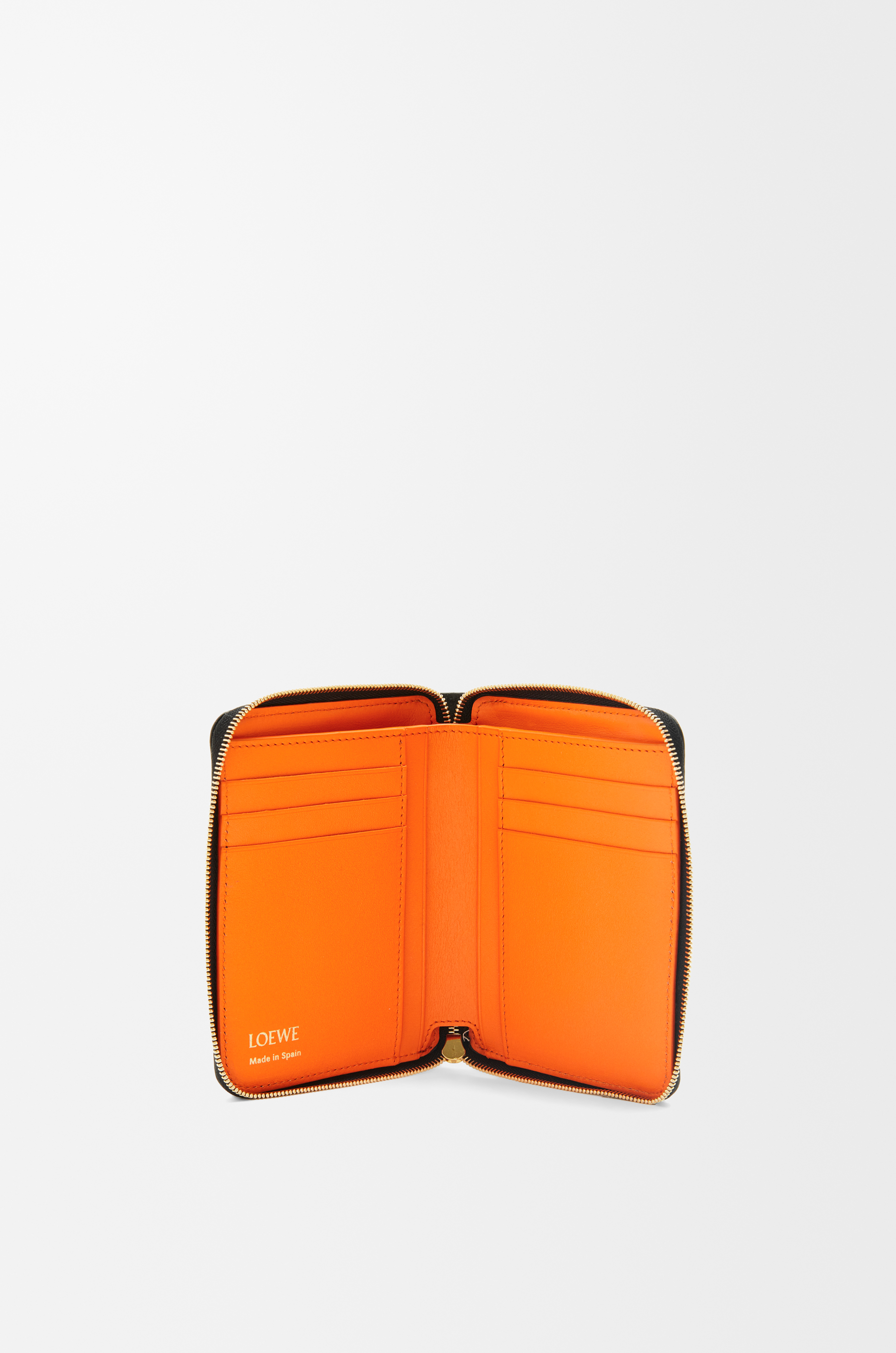 Loewe Knot Compact Zip Around Wallet In Shiny Nappa Leather Skin For Woman In Black/bright Orange