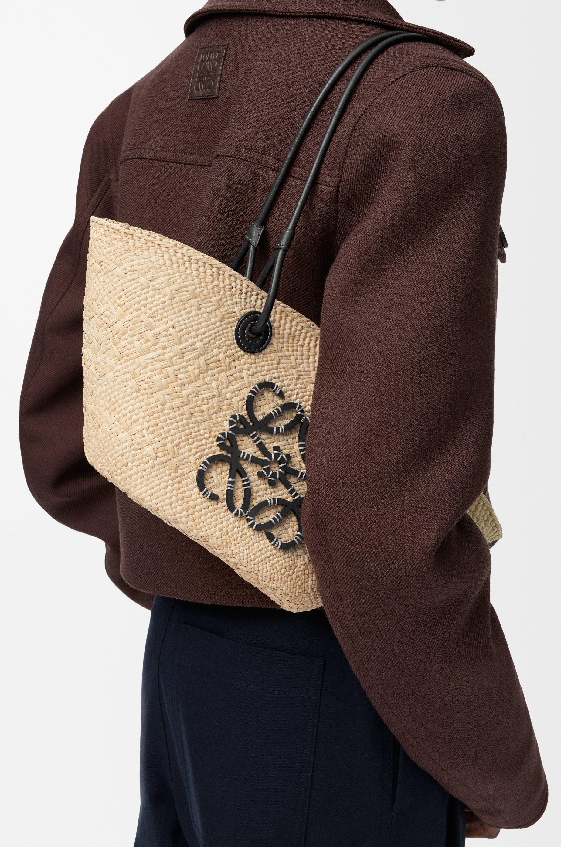 Loewe Small Anagram Basket Bag In Iraca Palm And Calfskin Natural Black