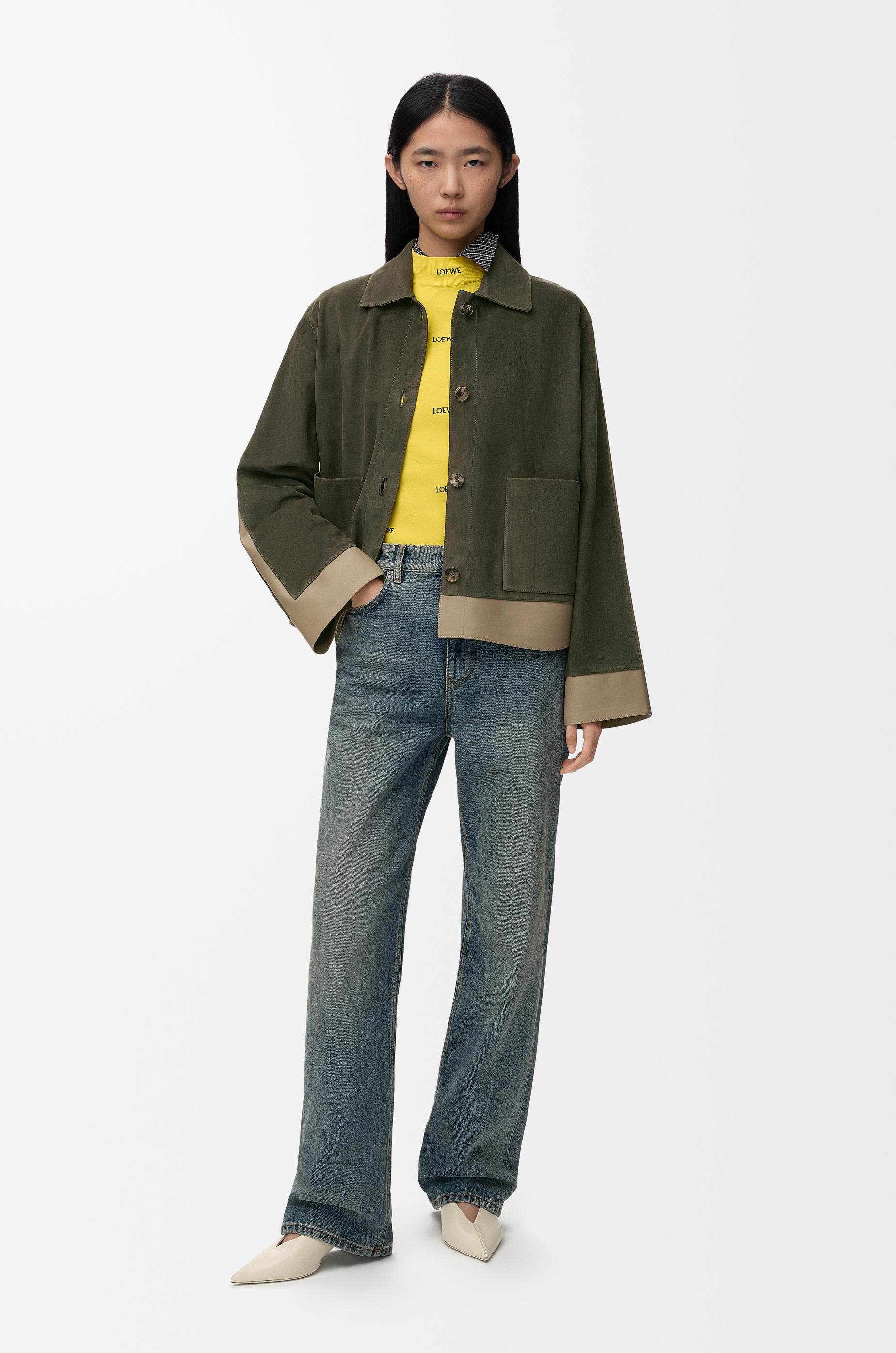 Loewe Turn-up Jacket In Suede Lambskin Size: 42 For Woman In Green