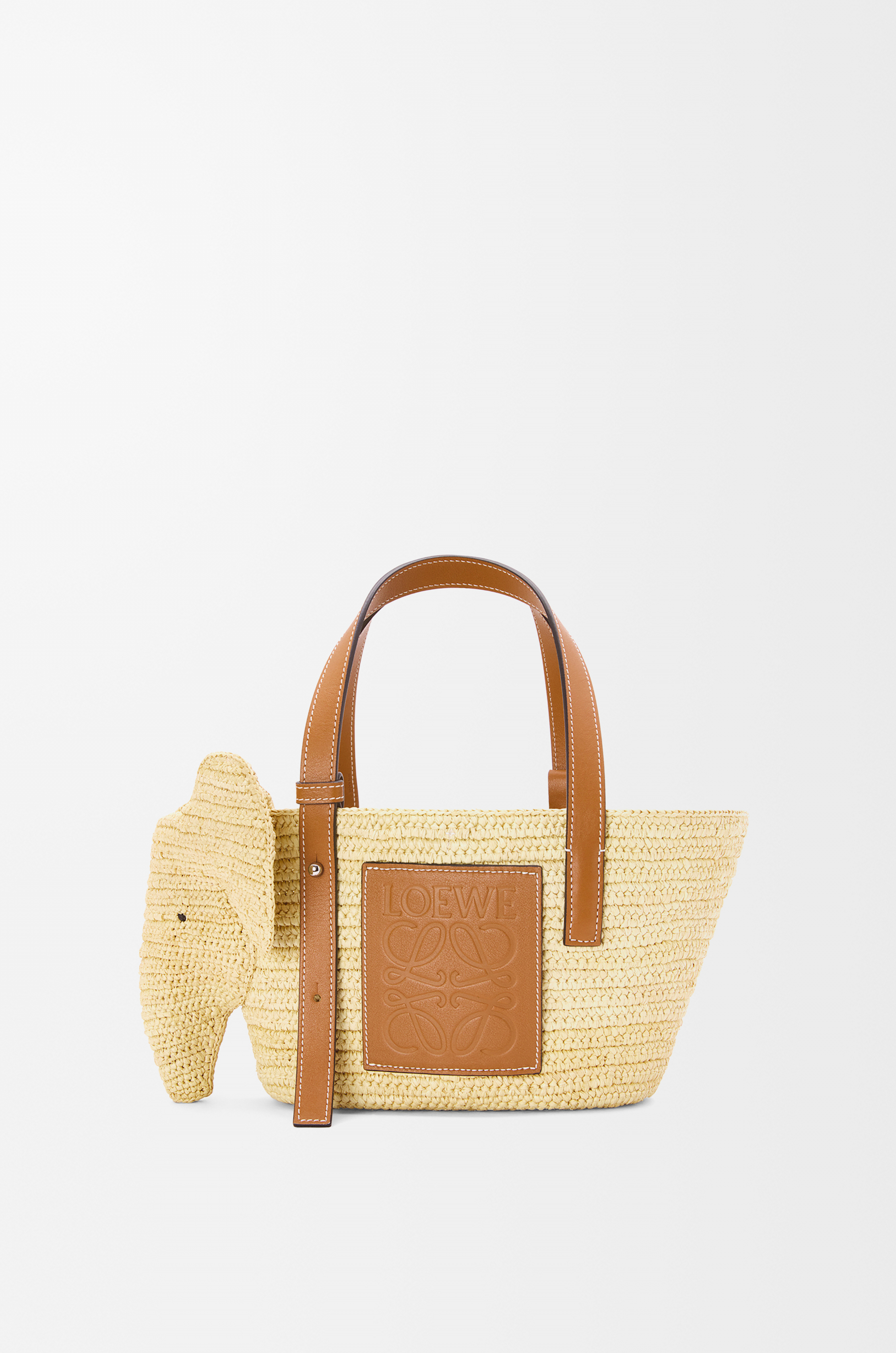 Small Elephant Basket bag in raffia and calfskin Natural/Tan LOEWE