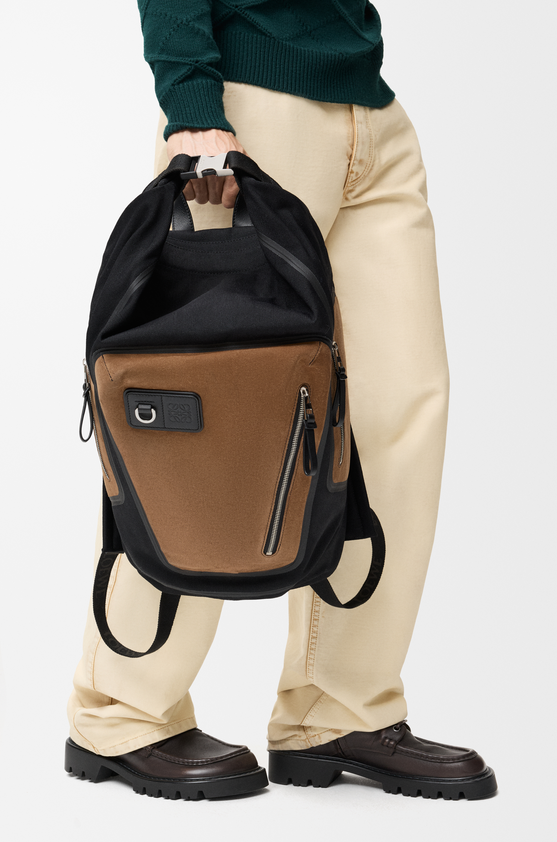 LOEWE Flex roll-top backpack in canvas and suede Black/Dark Gold