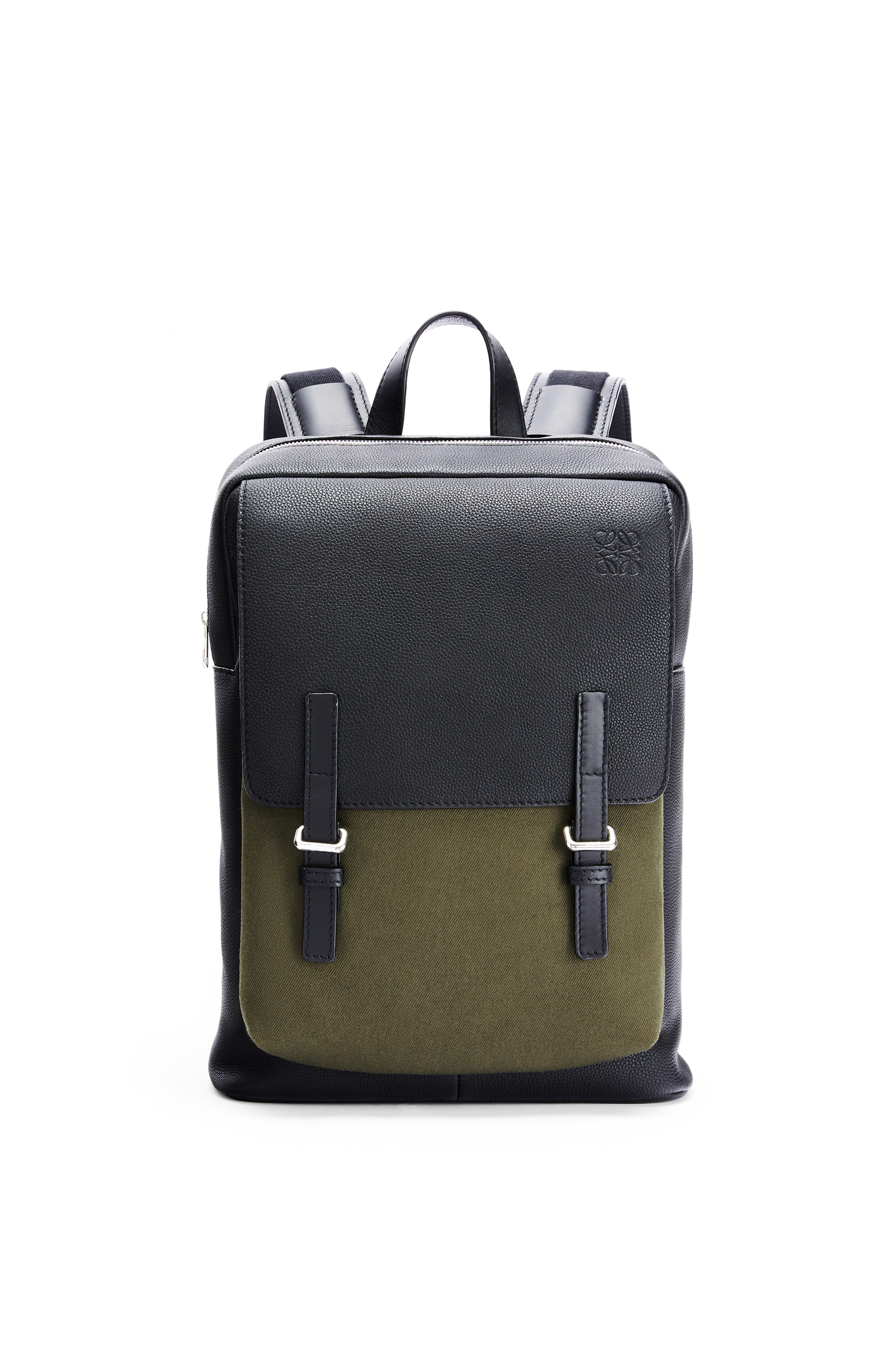 Military Backpack in soft grained calfskin and canvas Black/Forest ...
