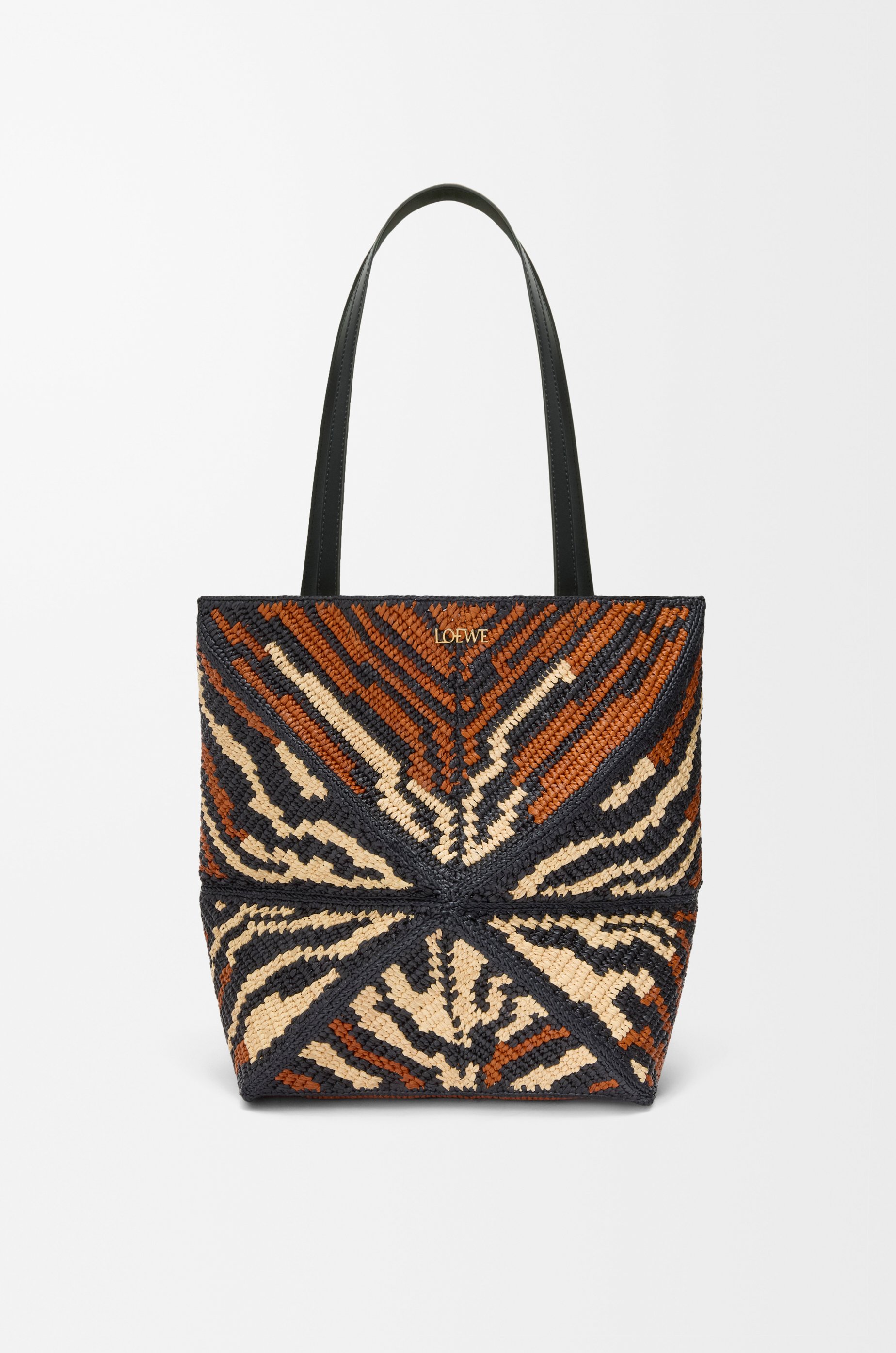 Medium Puzzle Fold Tote in raffia and calfskin Black - LOEWE