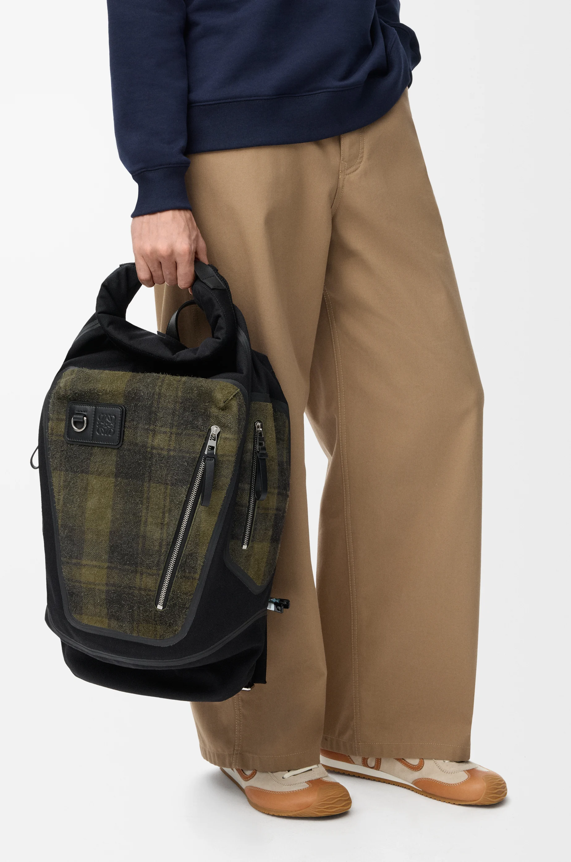 LOEWE Flex roll-top backpack in canvas and brushed suede Khaki/Black