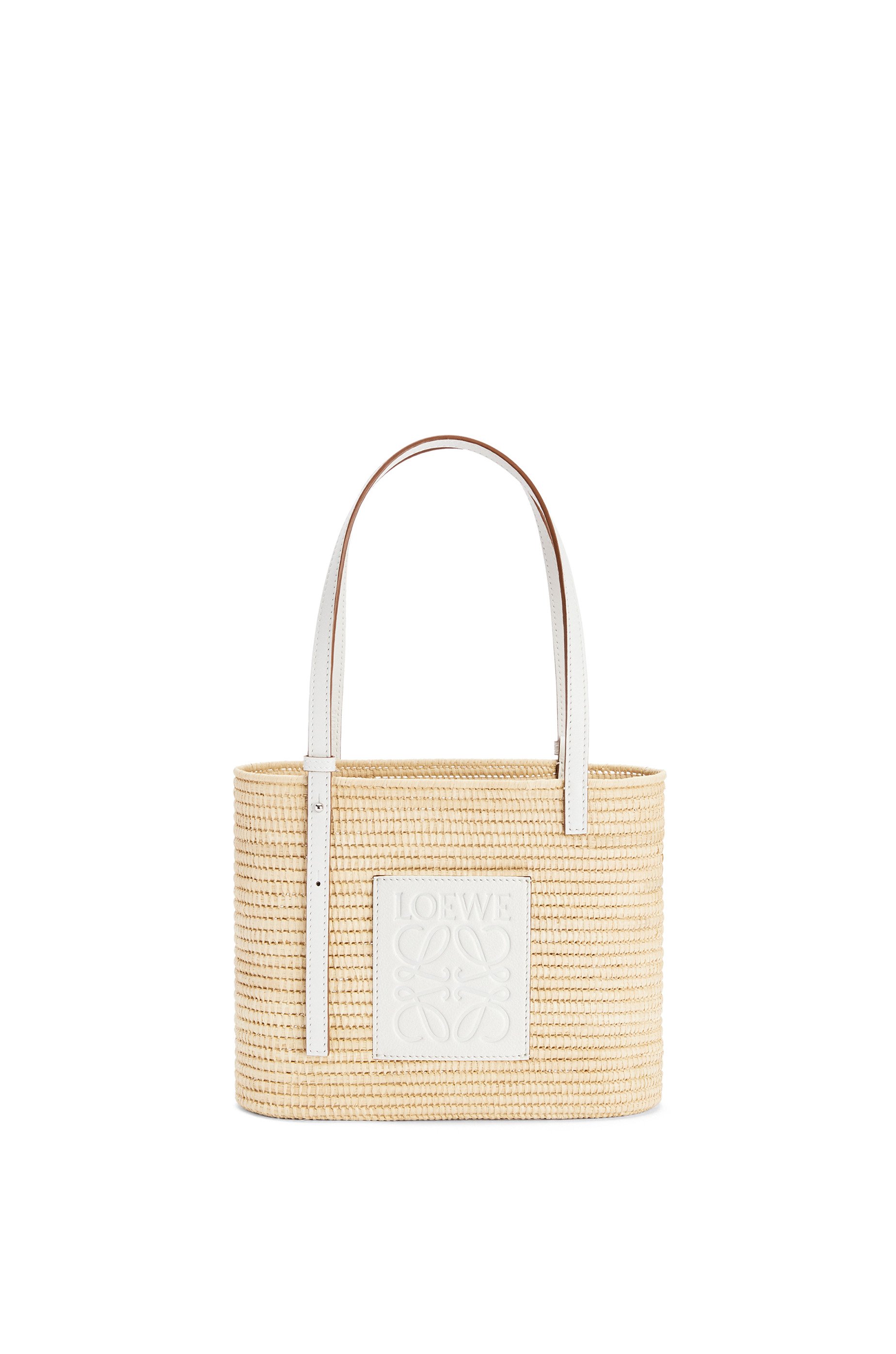 Small Square Basket bag in raffia and calfskin Natural/White - LOEWE