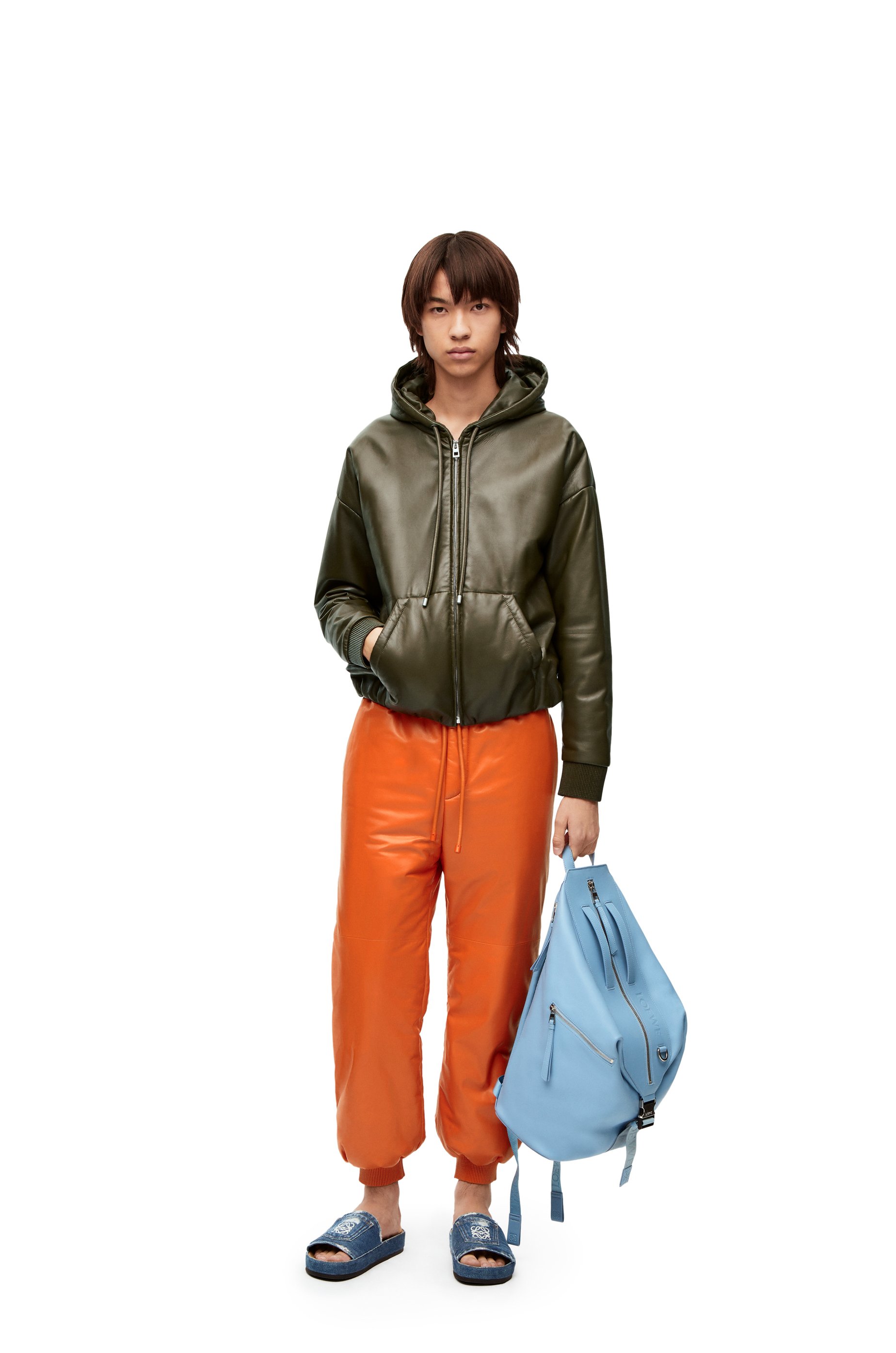 Zip-up padded hoodie in nappa lambskin