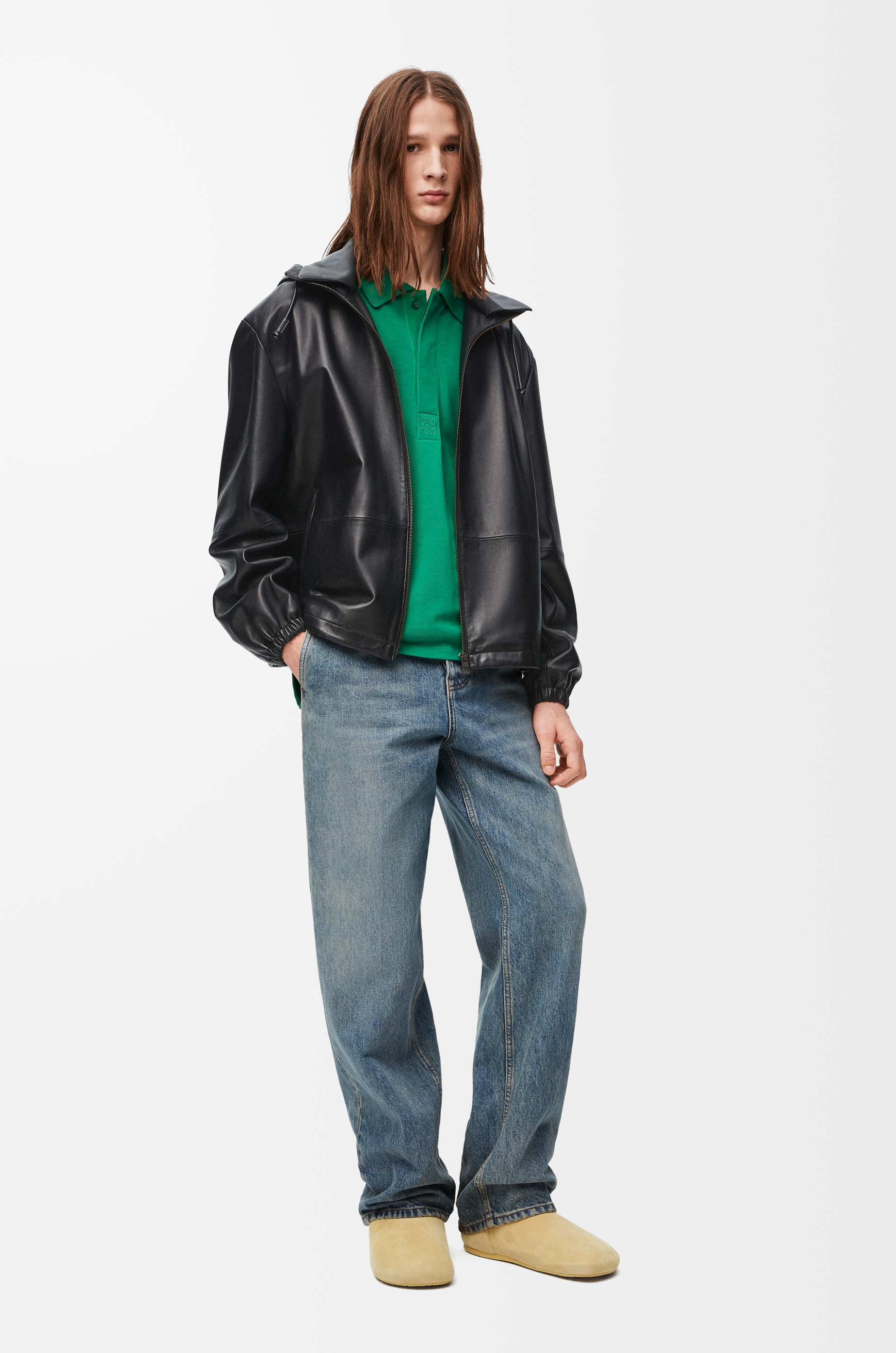 Loewe Men's Black Hooded Jacket In Nappa Lambskin Size 48