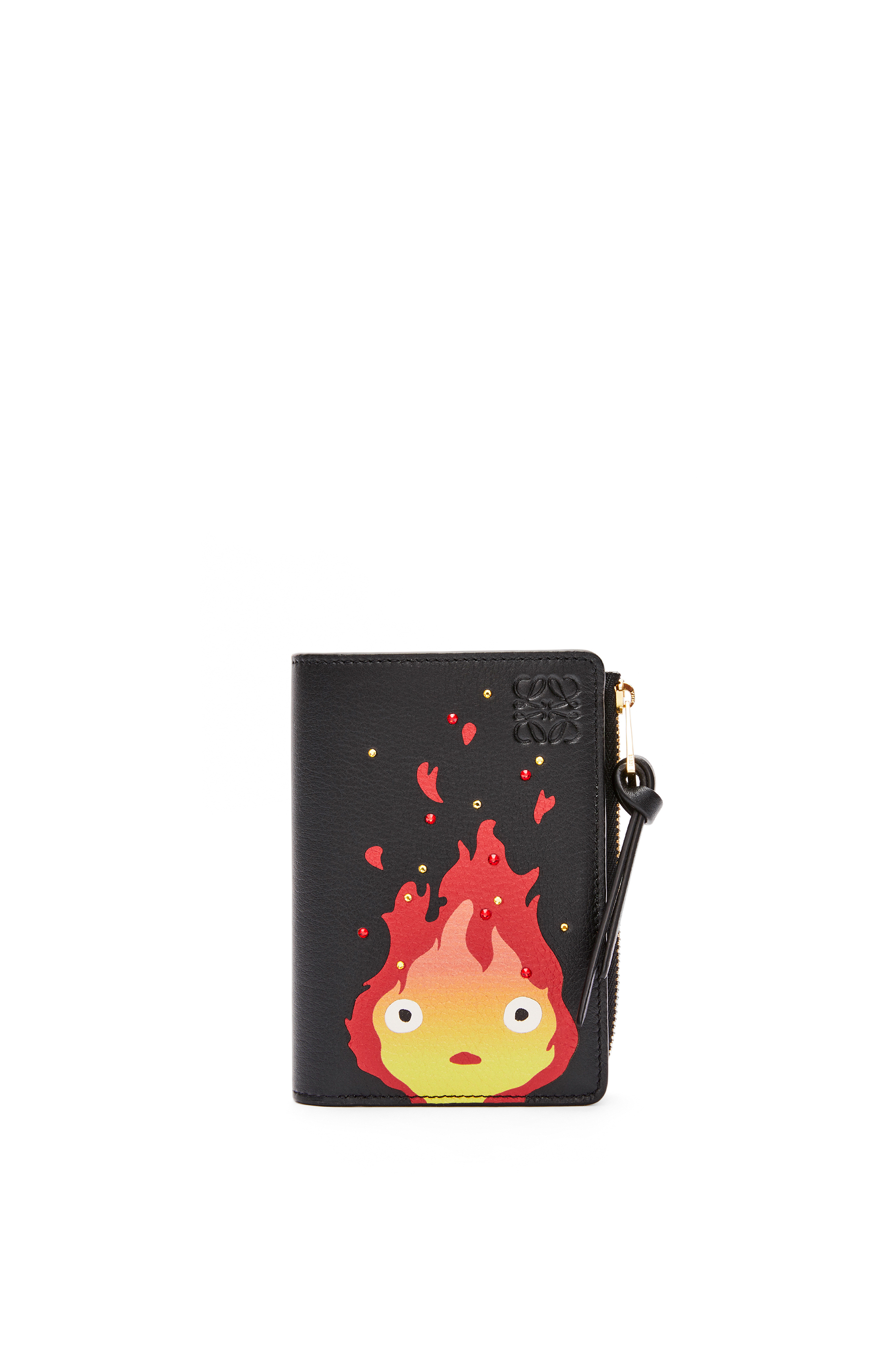 Calcifer slim zip bifold wallet in satin calfskin Black - LOEWE