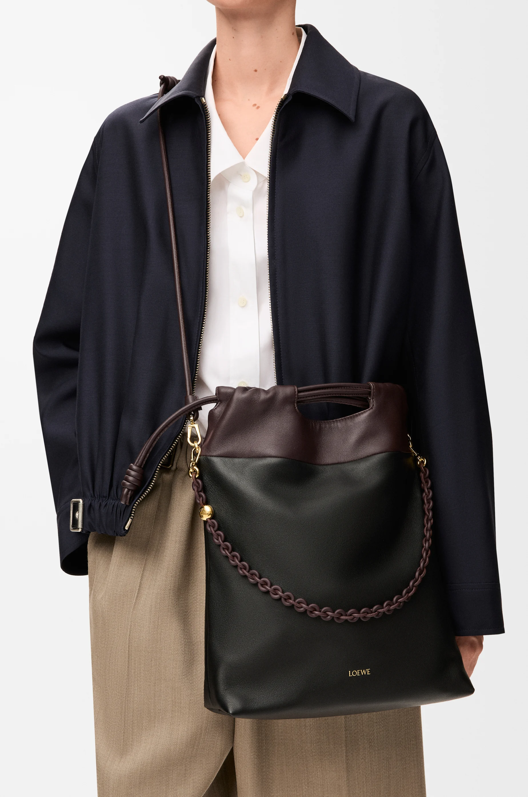 LOEWE Flamenco purse tote in mellow nappa lambskin Black/Dark Chestnut