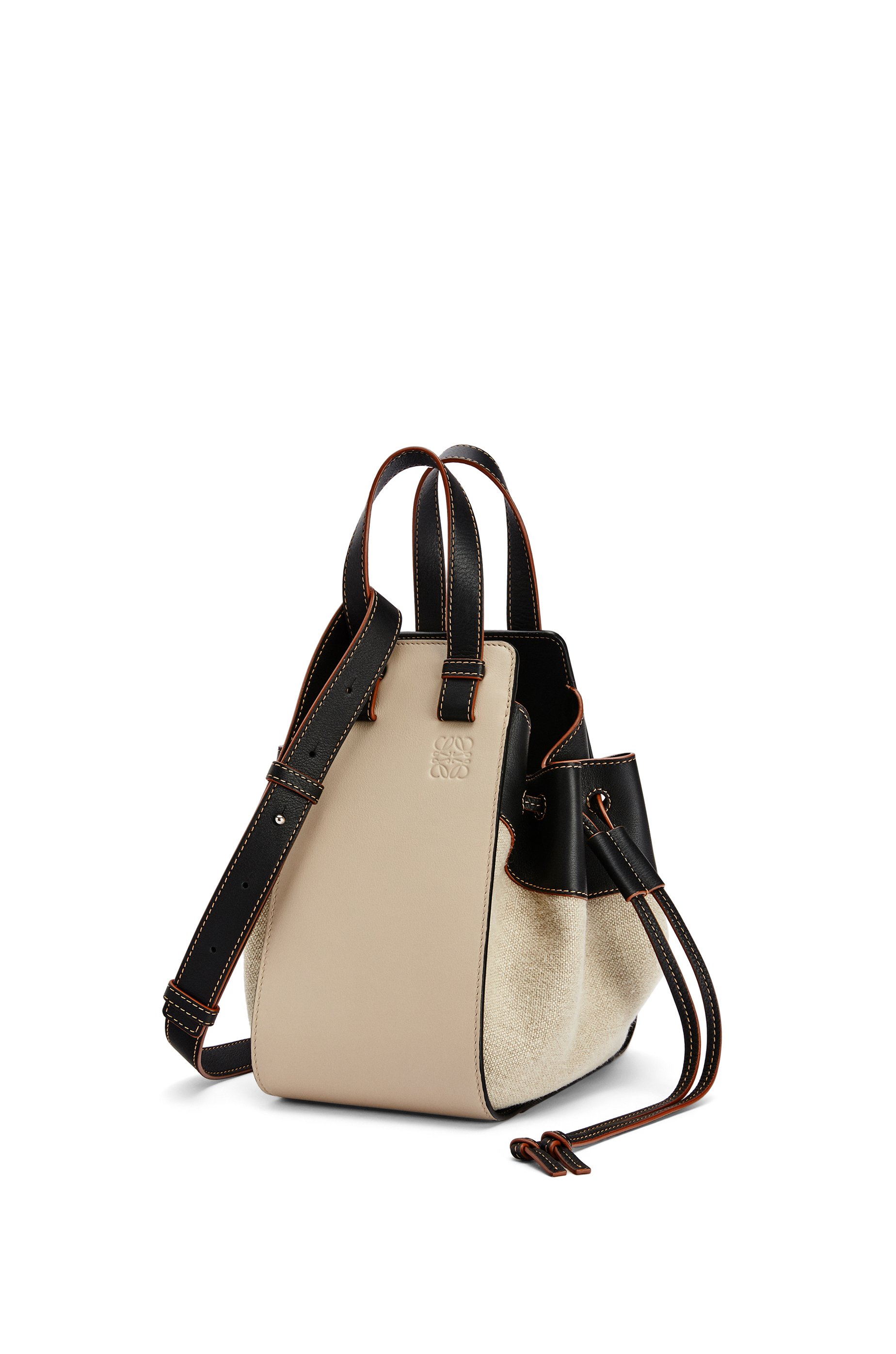 Small Drawstring Hammock Bag In Calfskin And Linen Light Oat Black Loewe