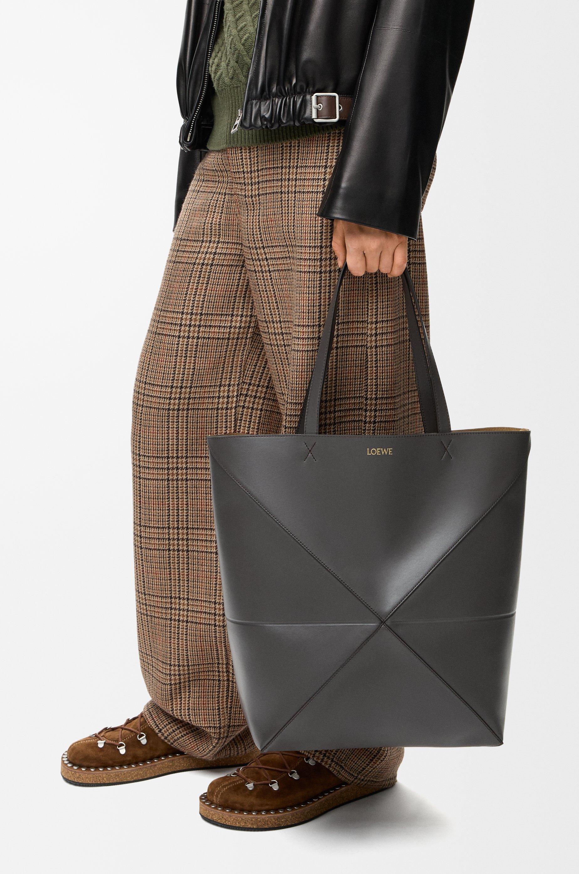 LOEWE XL Puzzle Fold tote in shiny calfskin Dark Grey