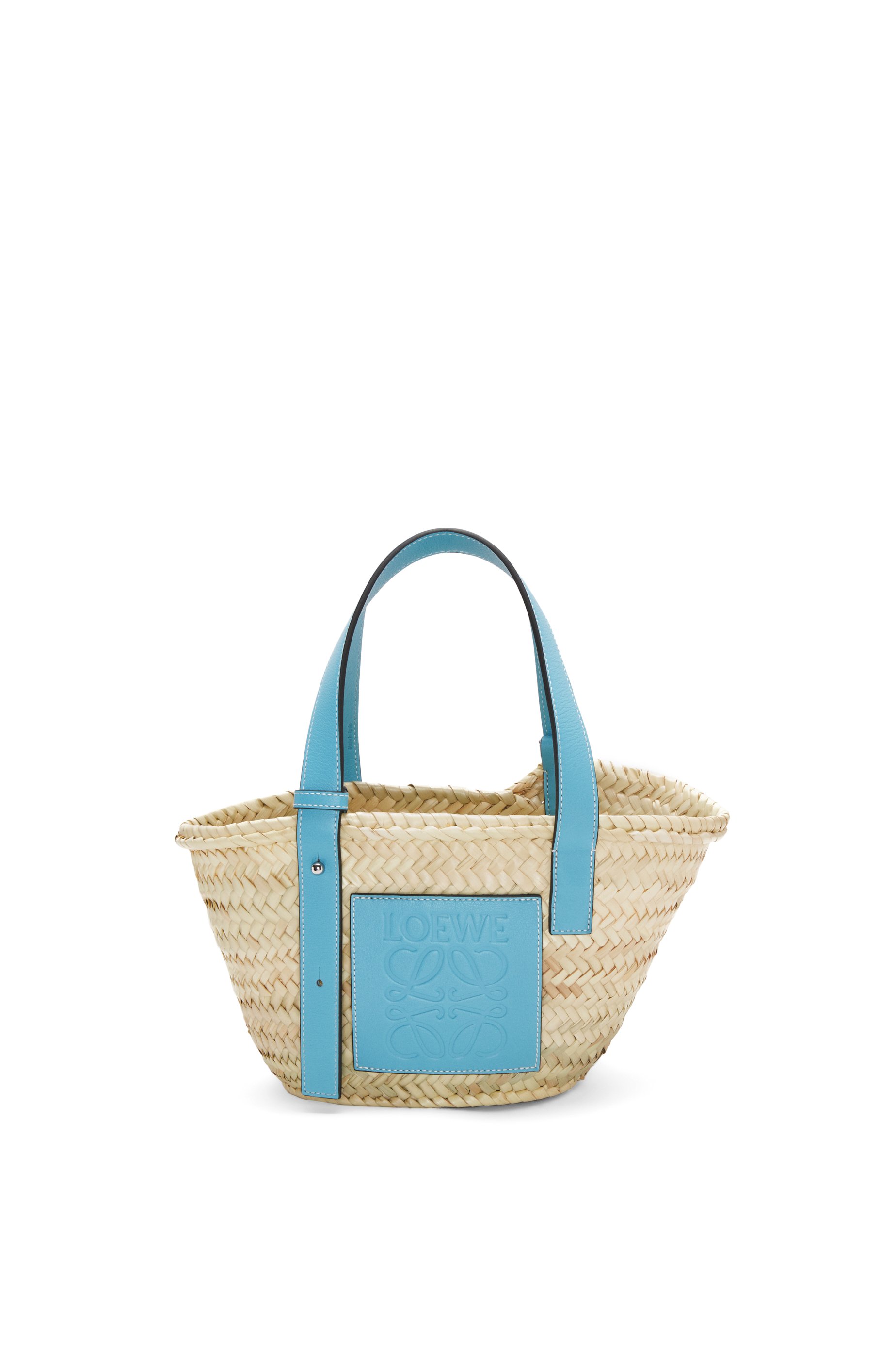 Small Basket bag in palm leaf and calfskin Light Blue - LOEWE