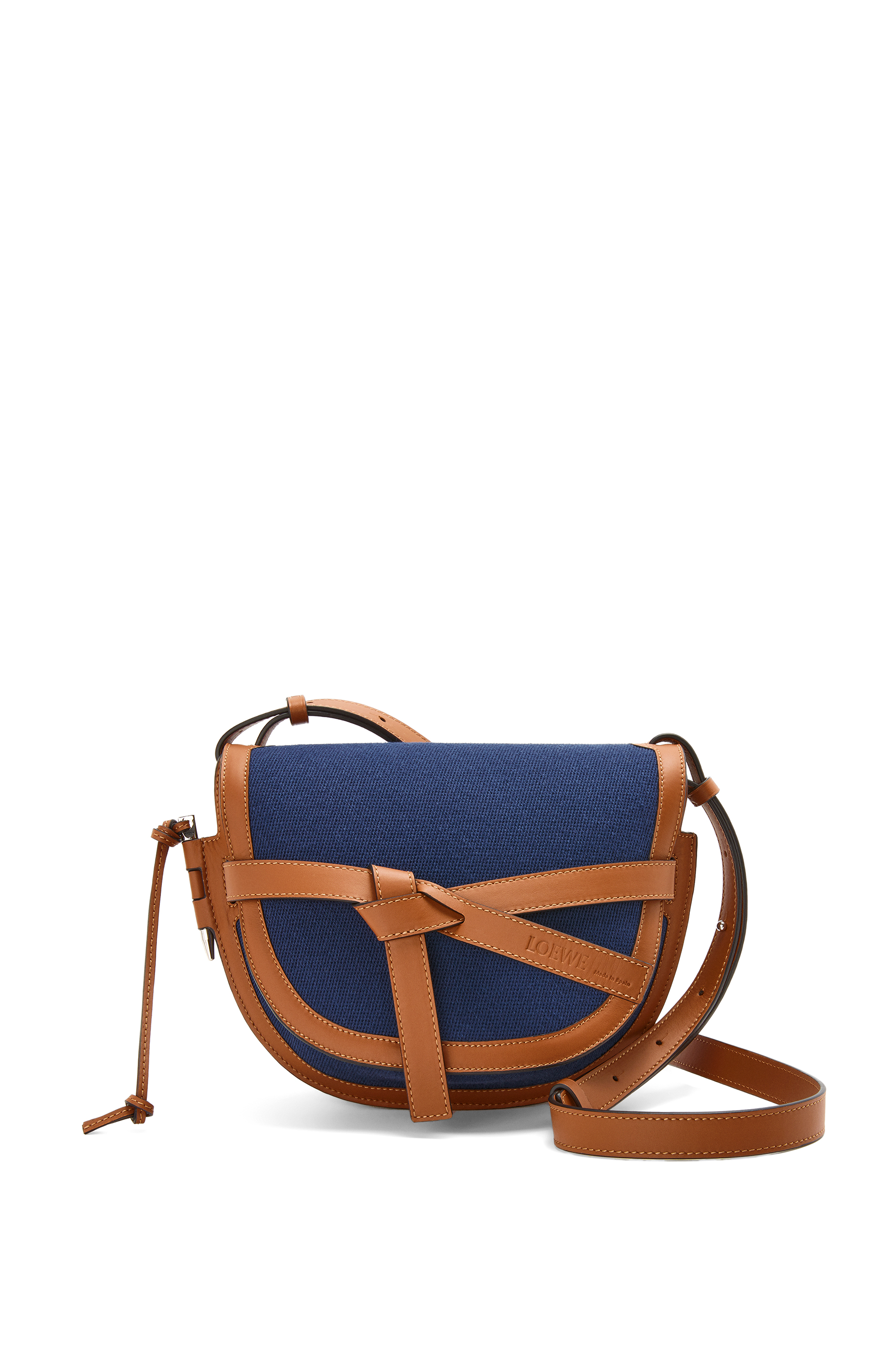 blue bag brown straps