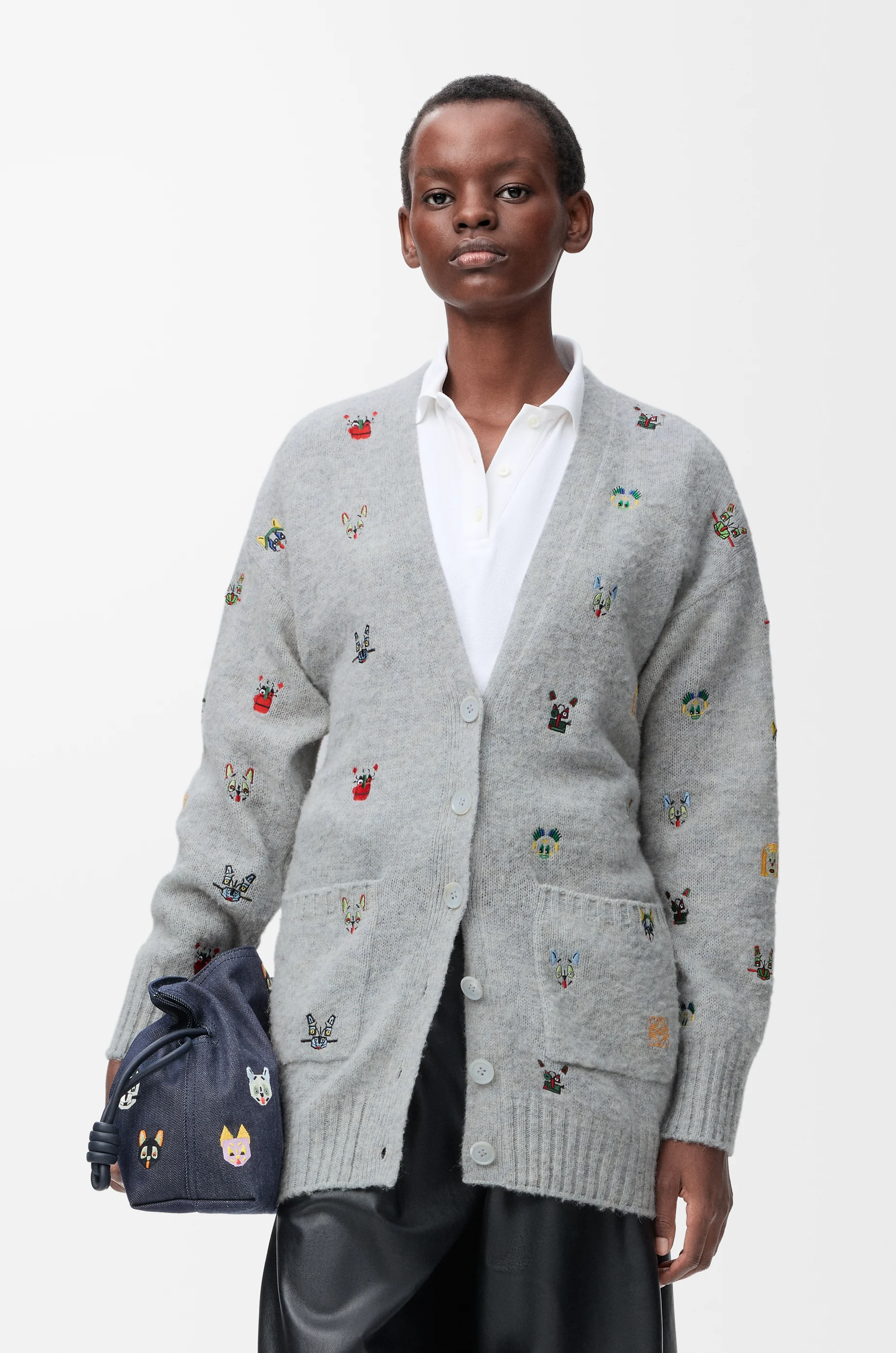 LOEWE Cárdigan con cinturón en lana Gris/Multicolor