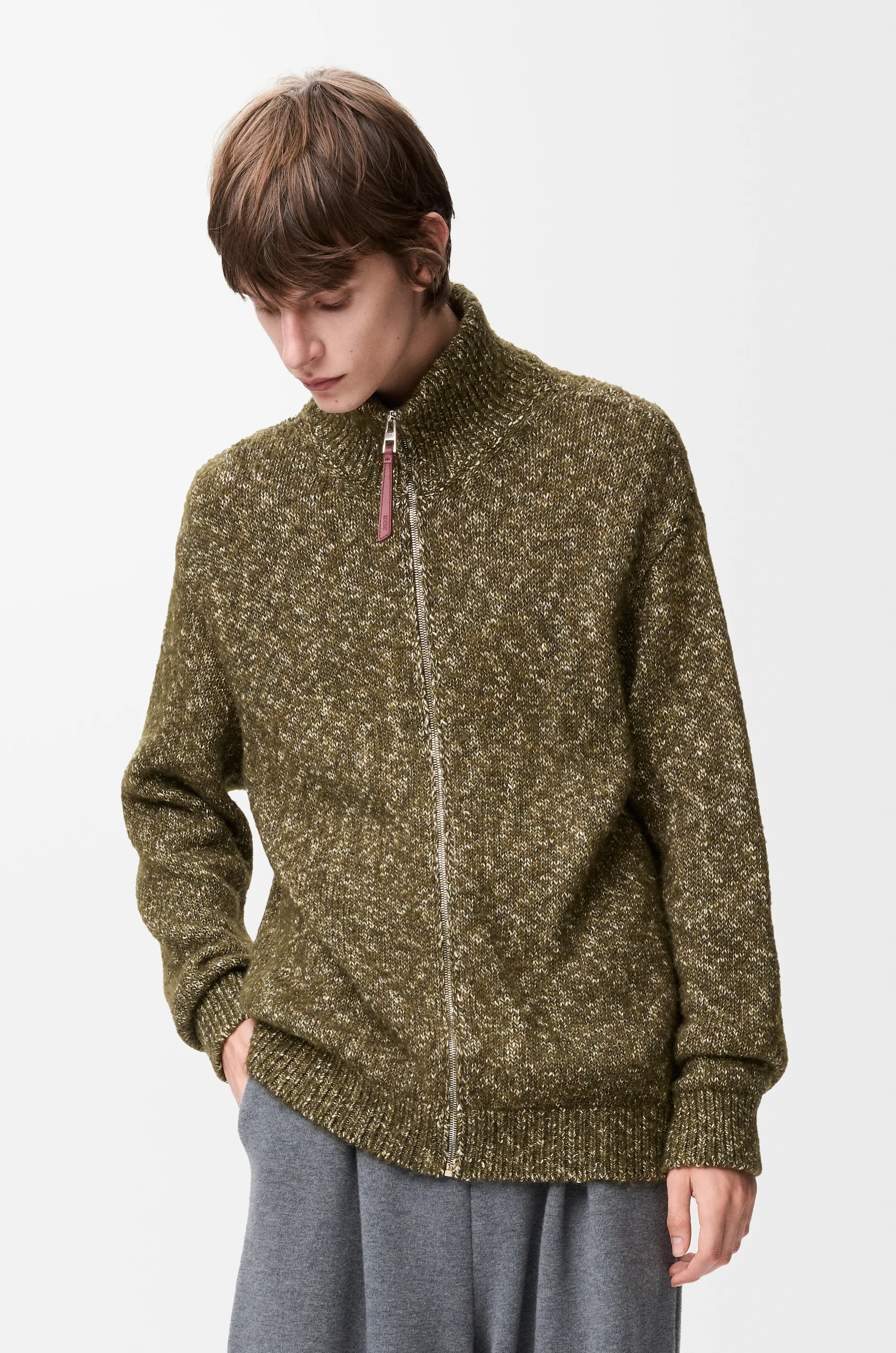 LOEWE Zip-up cardigan in cotton, linen and wool Khaki Green